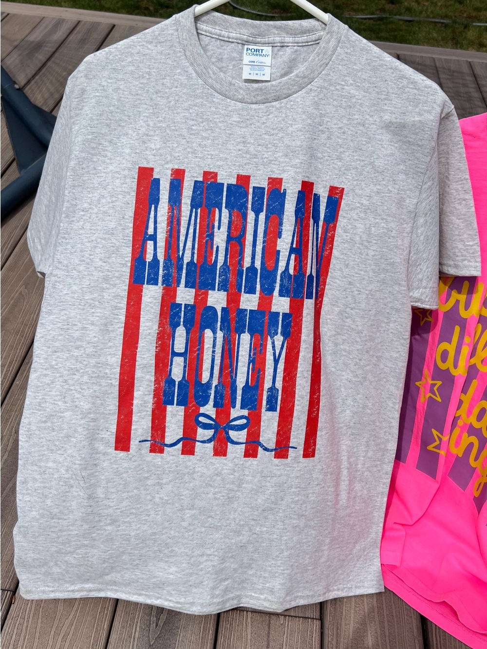 American Honey Graphic Tee - Gray with Red & Blue Print
